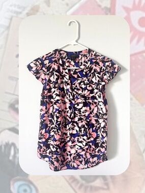 J. Crew Blue and Pink Floral Flutter Sleeve V-Neck Silk Blouse